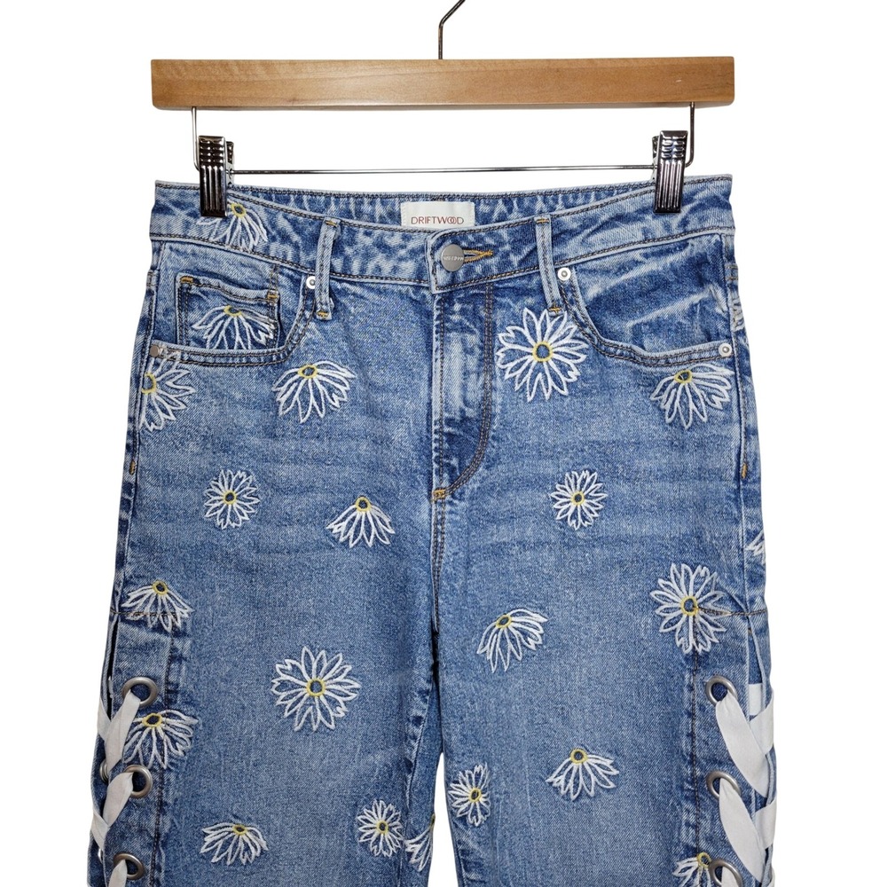 Driftwood Floral Embroidered Lace-Up Jeans Size 26 Y2K Boho Western Festival - Picture 4 of 8